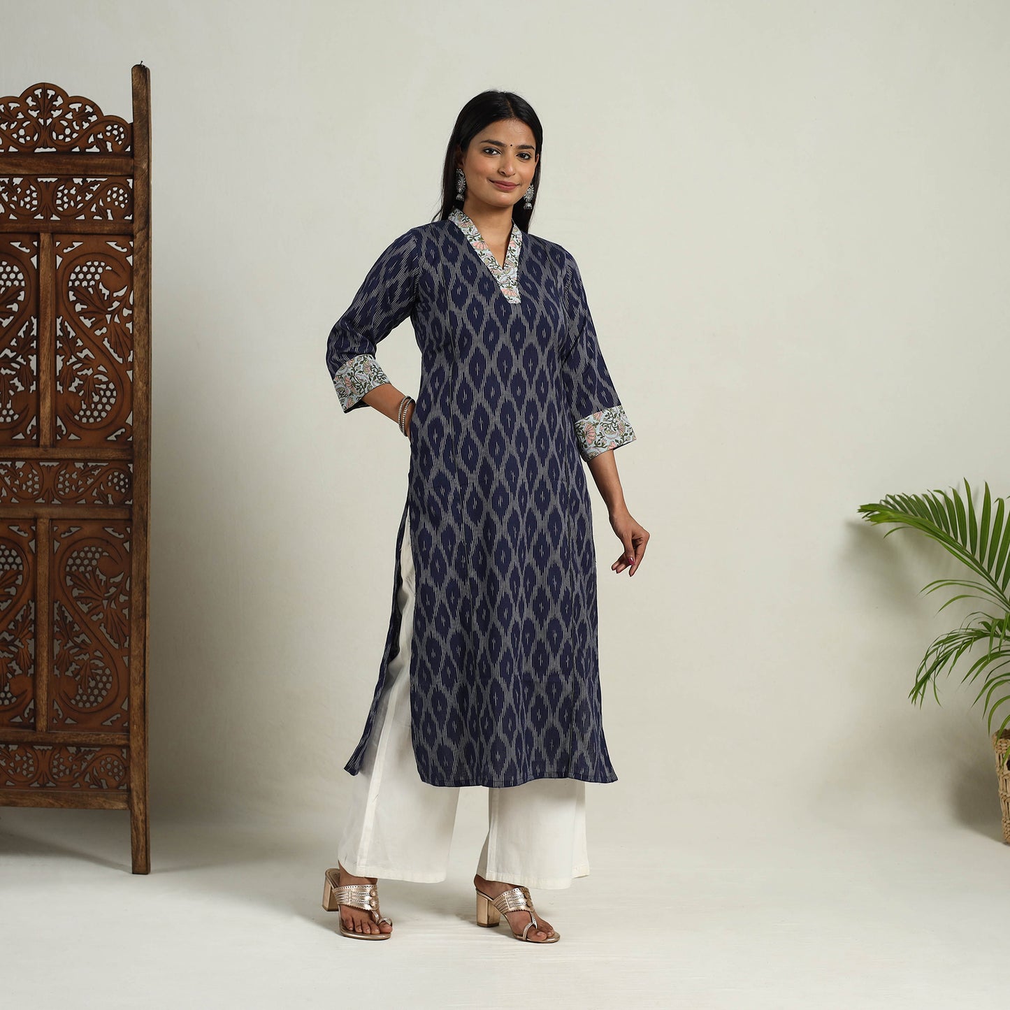 Karigari Heritage Patchwork Cotton Blue Straight Ikat Kurta For Women's