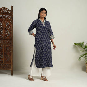 Karigari Heritage Patchwork Cotton Blue Straight Ikat Kurta For Women's