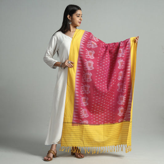 Pink - Pochampally Ikat Handloom Cotton Dupatta with Tassels 27