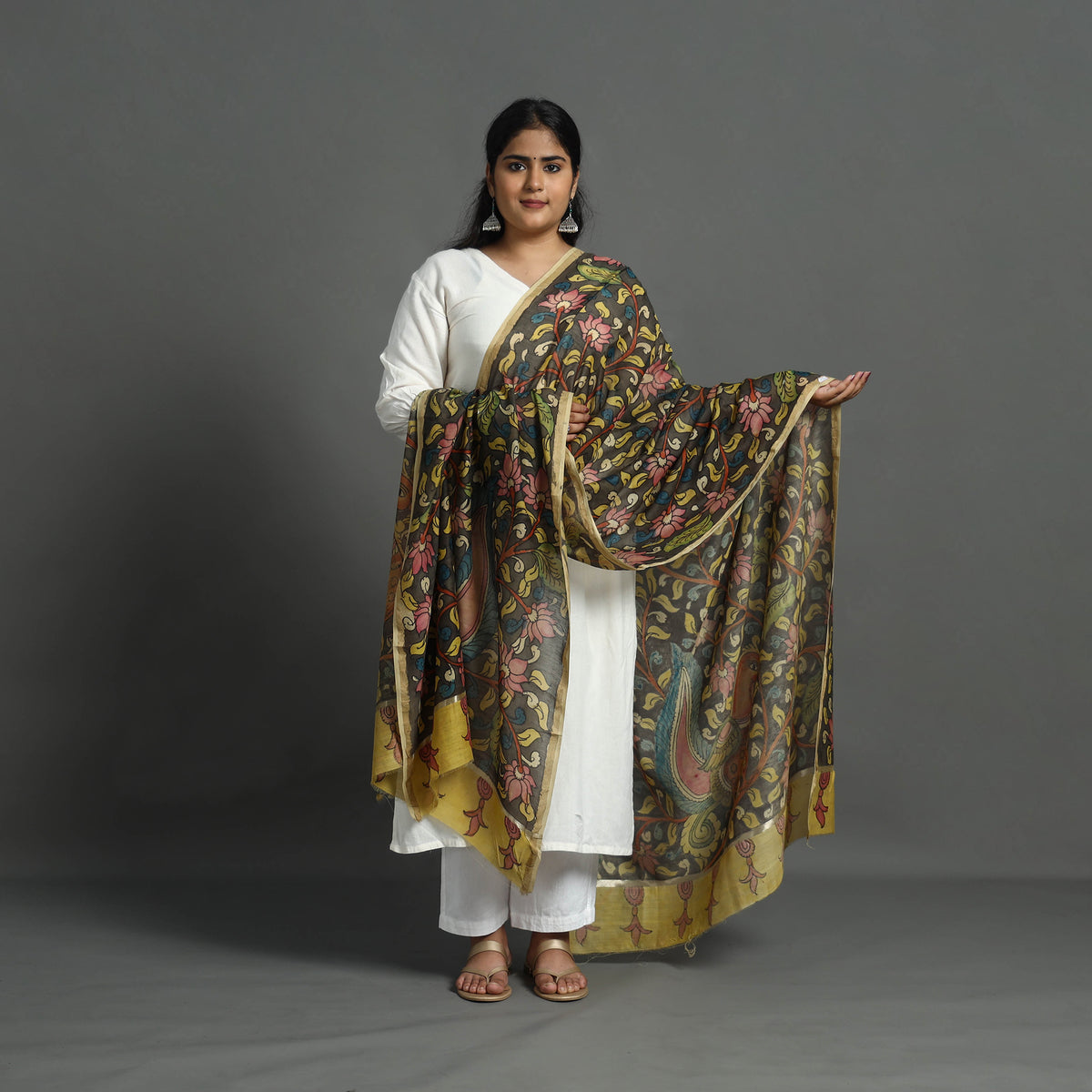 Brown - Chanderi Silk Handpainted Kalamkari Dupatta 07