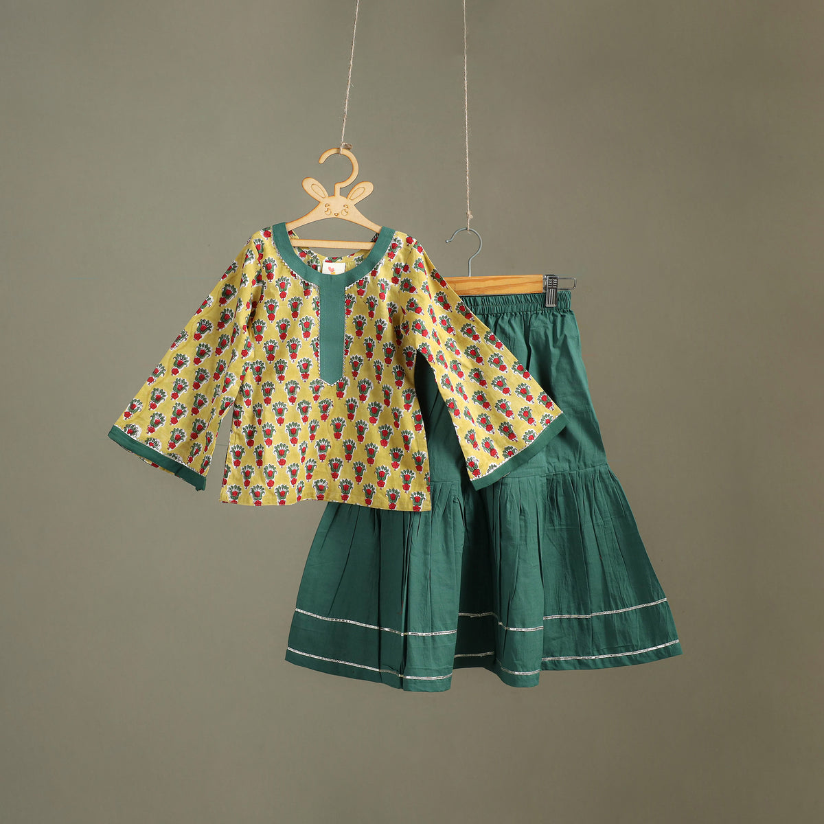 Girls Gota Work Floral Block Print Cotton Kurta with Sharara Set (3-4 Years) 08