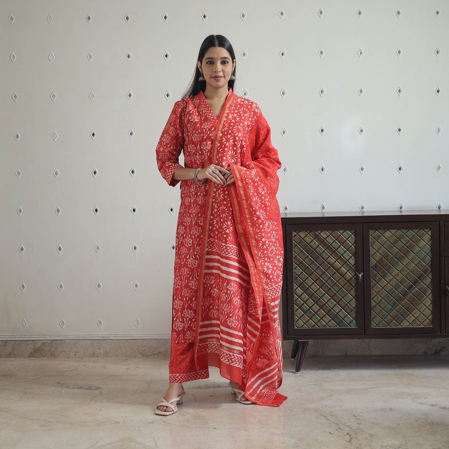 Red - Hand Block Bagru Print Chanderi Silk Kurta Set 02