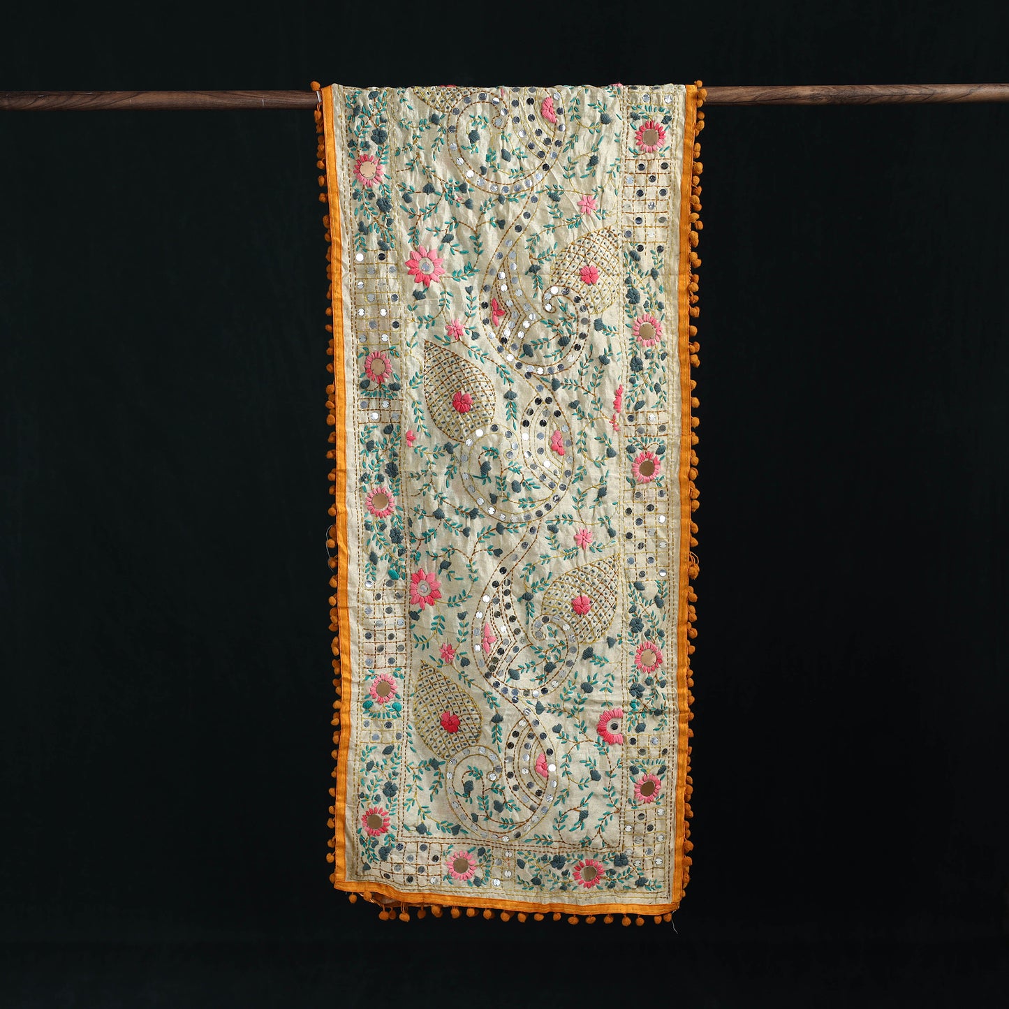 Ranihati Chanderi Silk Hand Embroidered Stole with Pom Pom 285