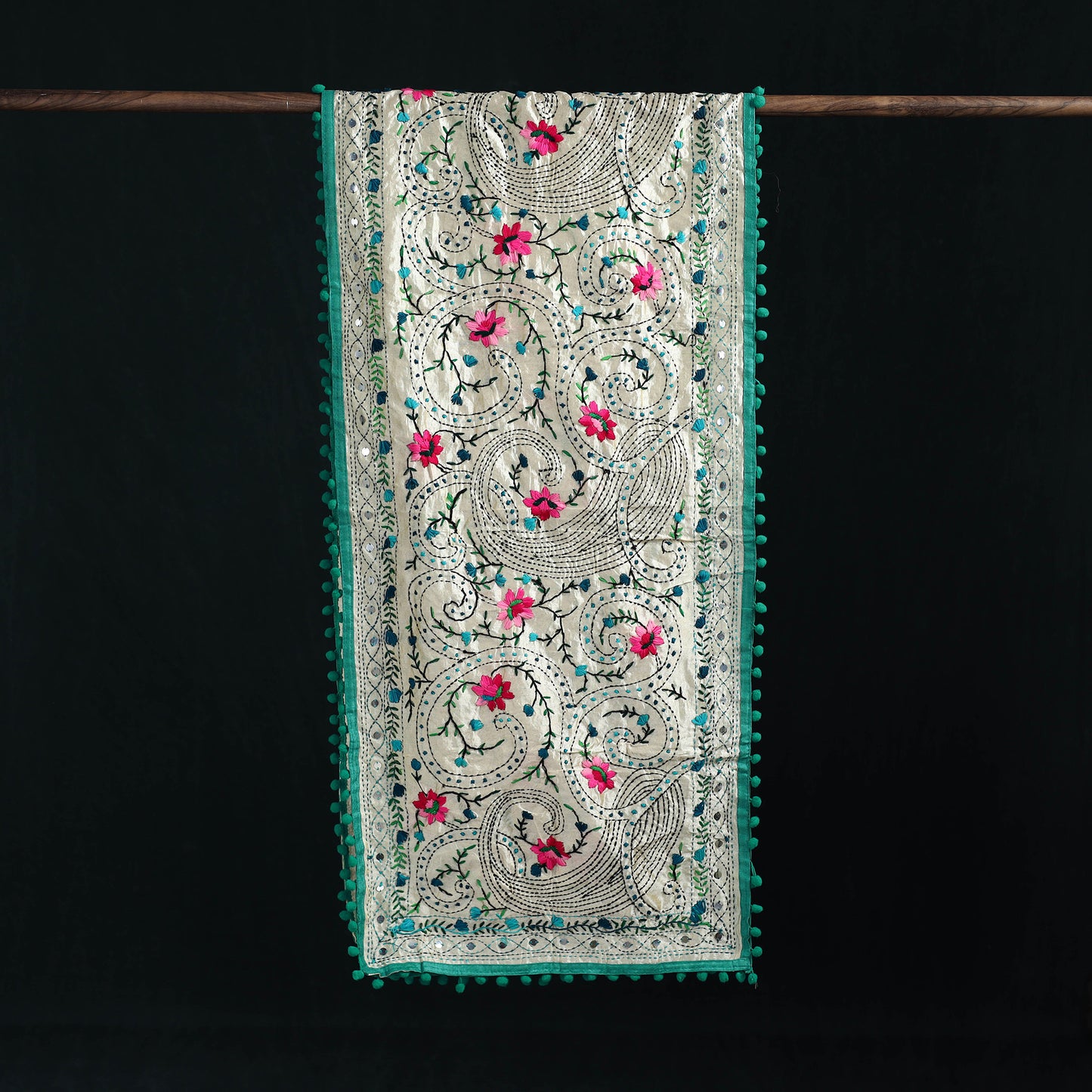 Ranihati Chanderi Silk Hand Embroidered Stole with Pom Pom 284