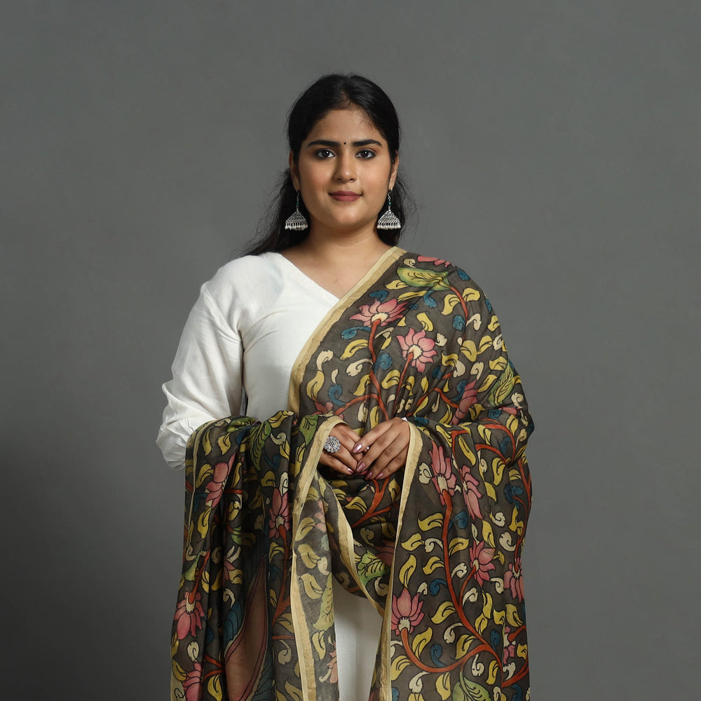 Brown - Chanderi Silk Handpainted Kalamkari Dupatta 07