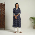 Karigari Heritage Patchwork Cotton Blue Straight Ikat Kurta For Women's