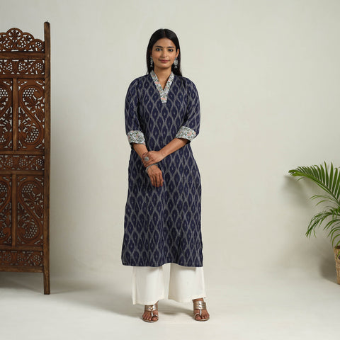 Blue - Karigari Heritage Patchwork Cotton Straight Ikat Kurta 07