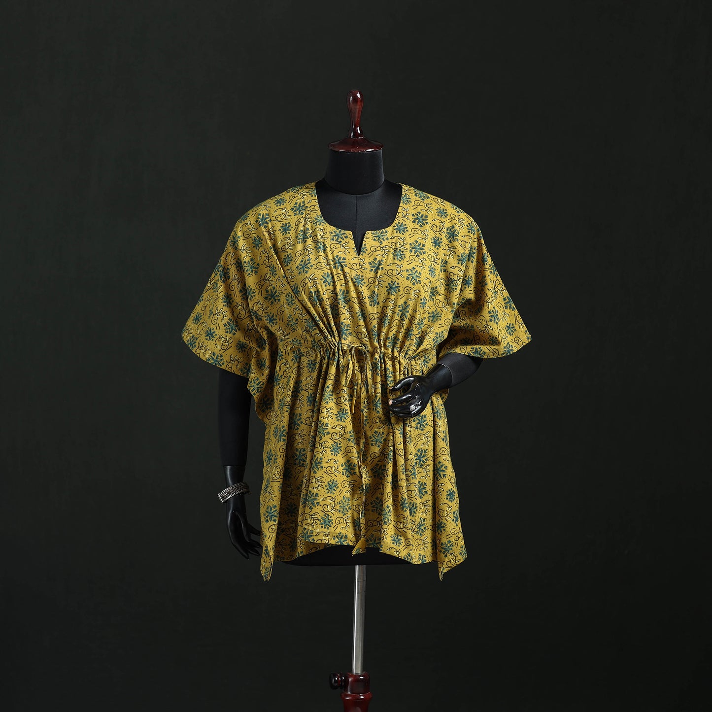 Yellow - Ajrakh Hand Block Print Natural Dyed Cotton Kaftan (Short) 48