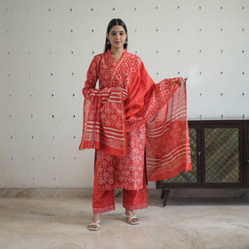 Buy Red Hand Block Bagru Print Chanderi Silk Kurta Set