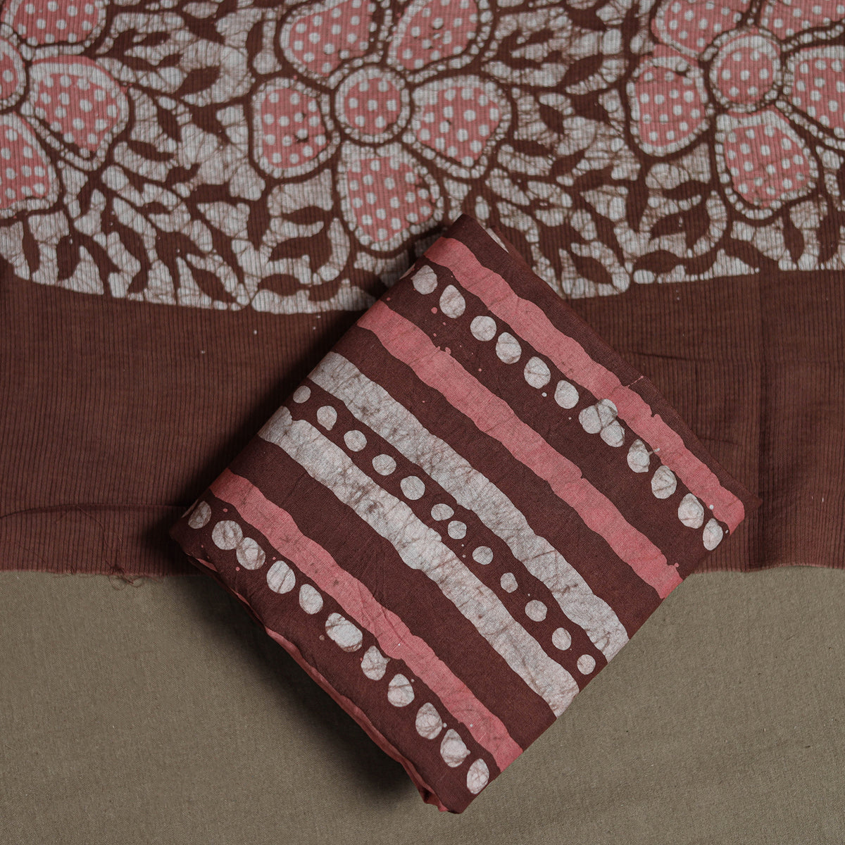 Kutch Hand Batik Print Cotton Unstitched Dress Material: Kurta, Bottom & Dupatta 01