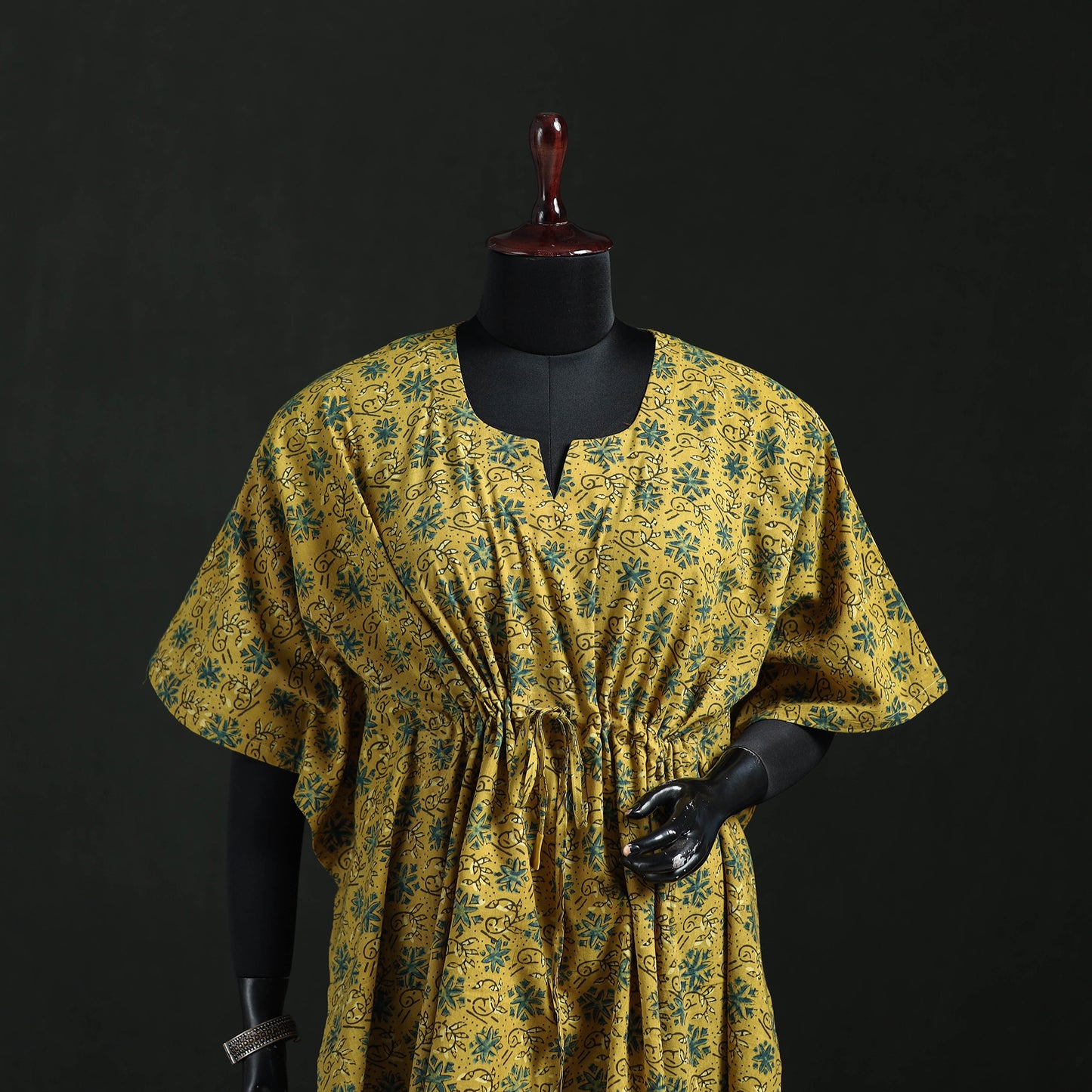 Yellow - Ajrakh Hand Block Print Natural Dyed Cotton Kaftan (Short) 48