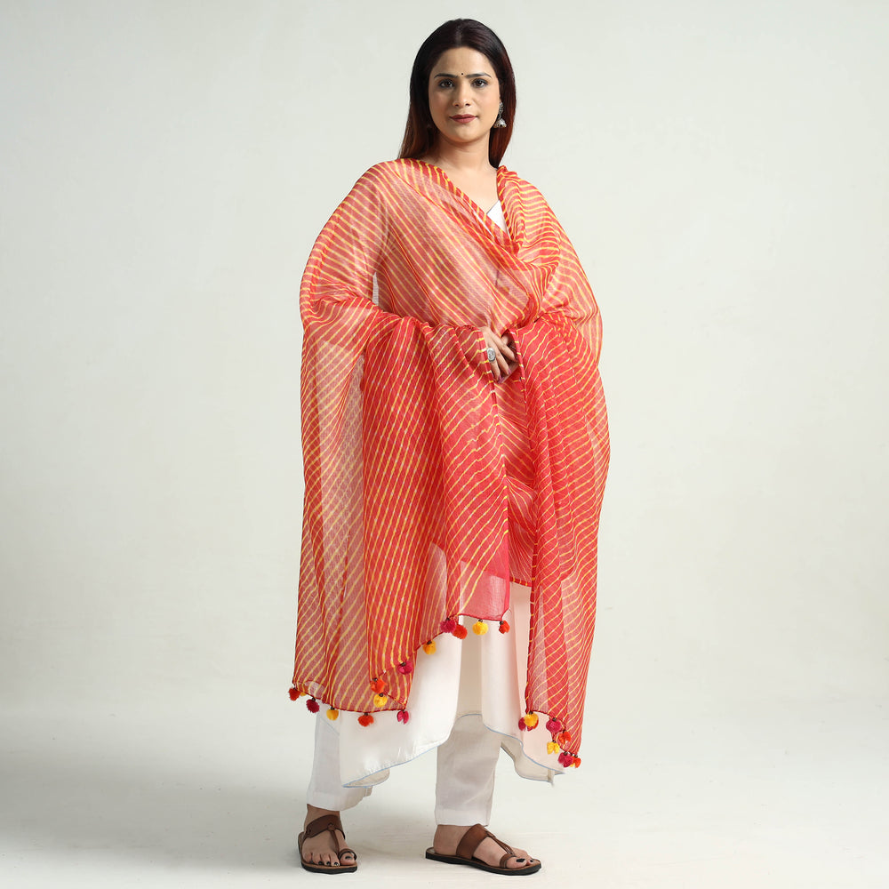 Orange - Leheriya Tie-Dye Kota Doria Cotton Dupatta with Tassels 71