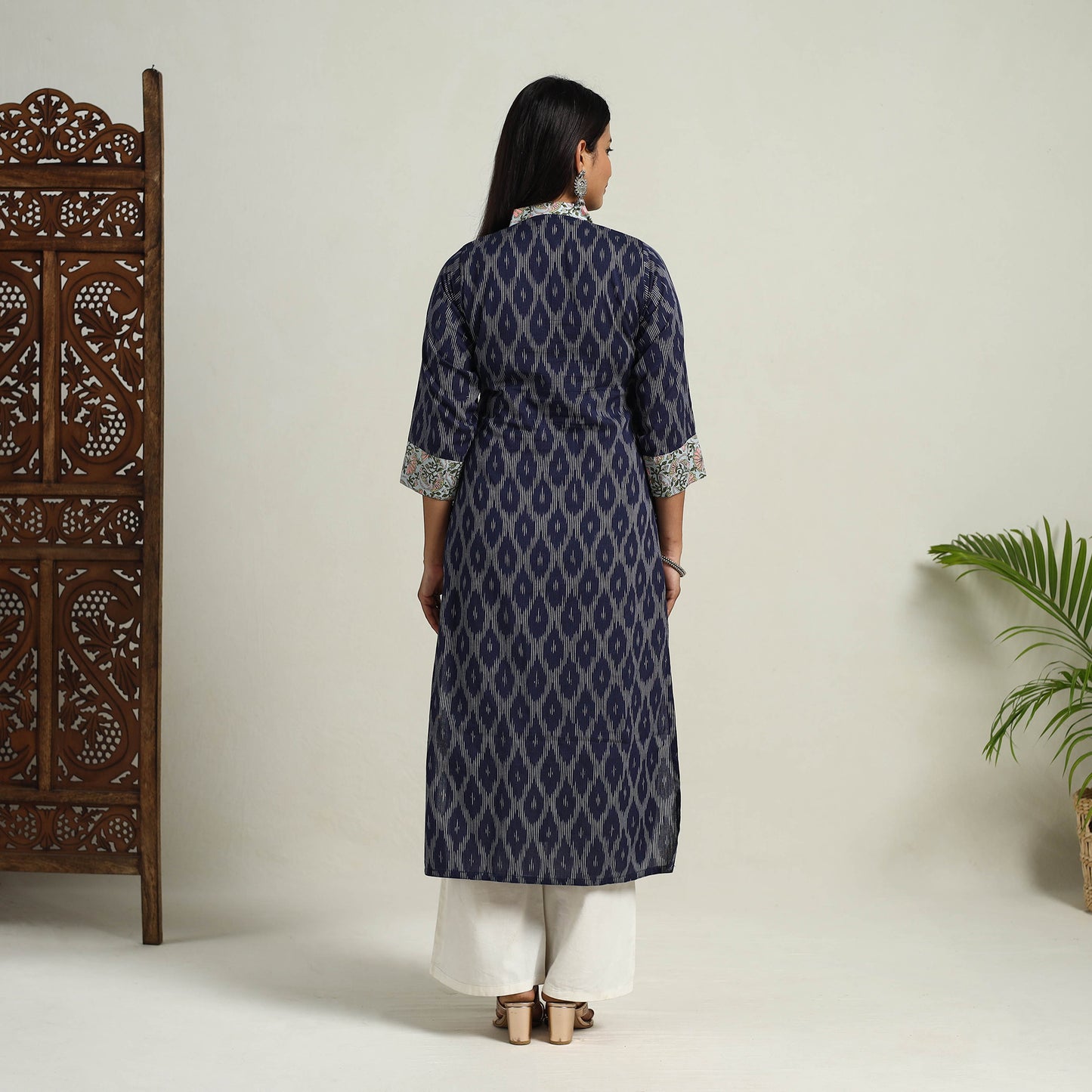 Karigari Heritage Patchwork Cotton Blue Straight Ikat Kurta For Women's