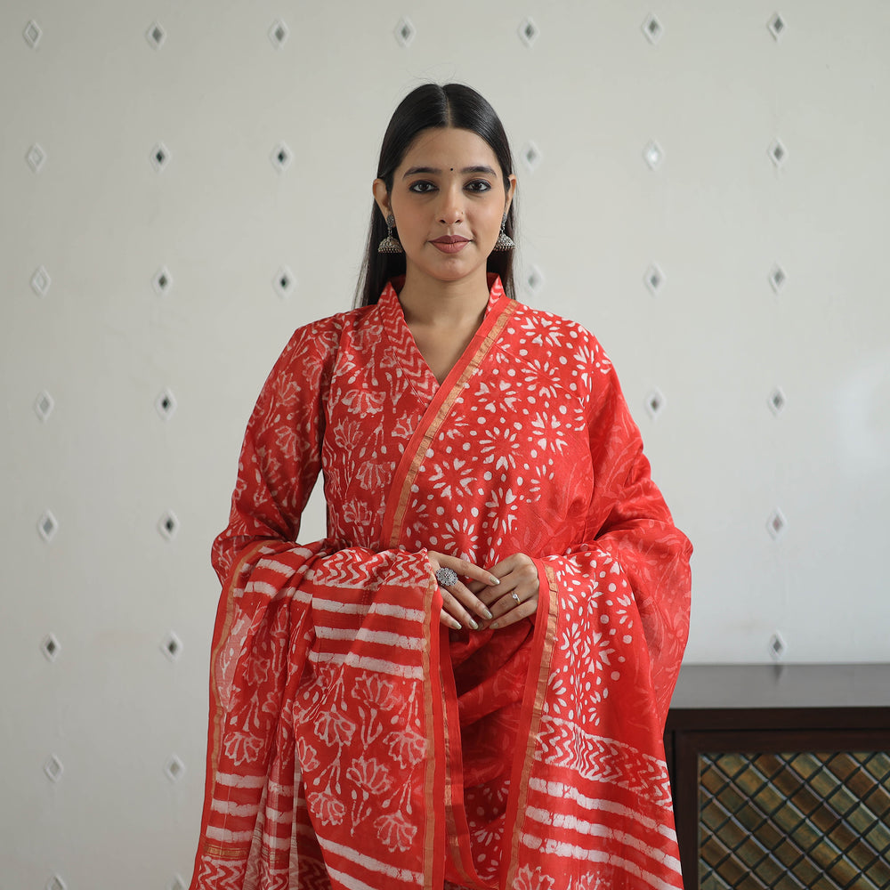 Red - Hand Block Bagru Print Chanderi Silk Kurta Set 02