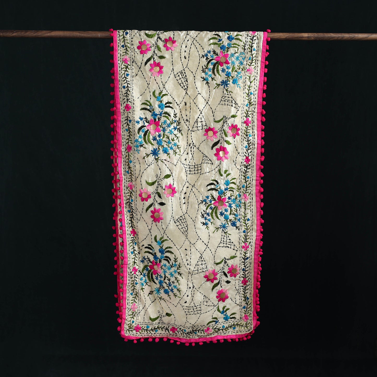 Ranihati Chanderi Silk Hand Embroidered Stole with Pom Pom 283