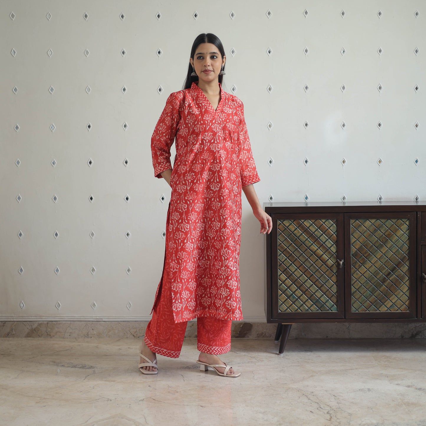 Red - Hand Block Bagru Print Chanderi Silk Kurta Set 02