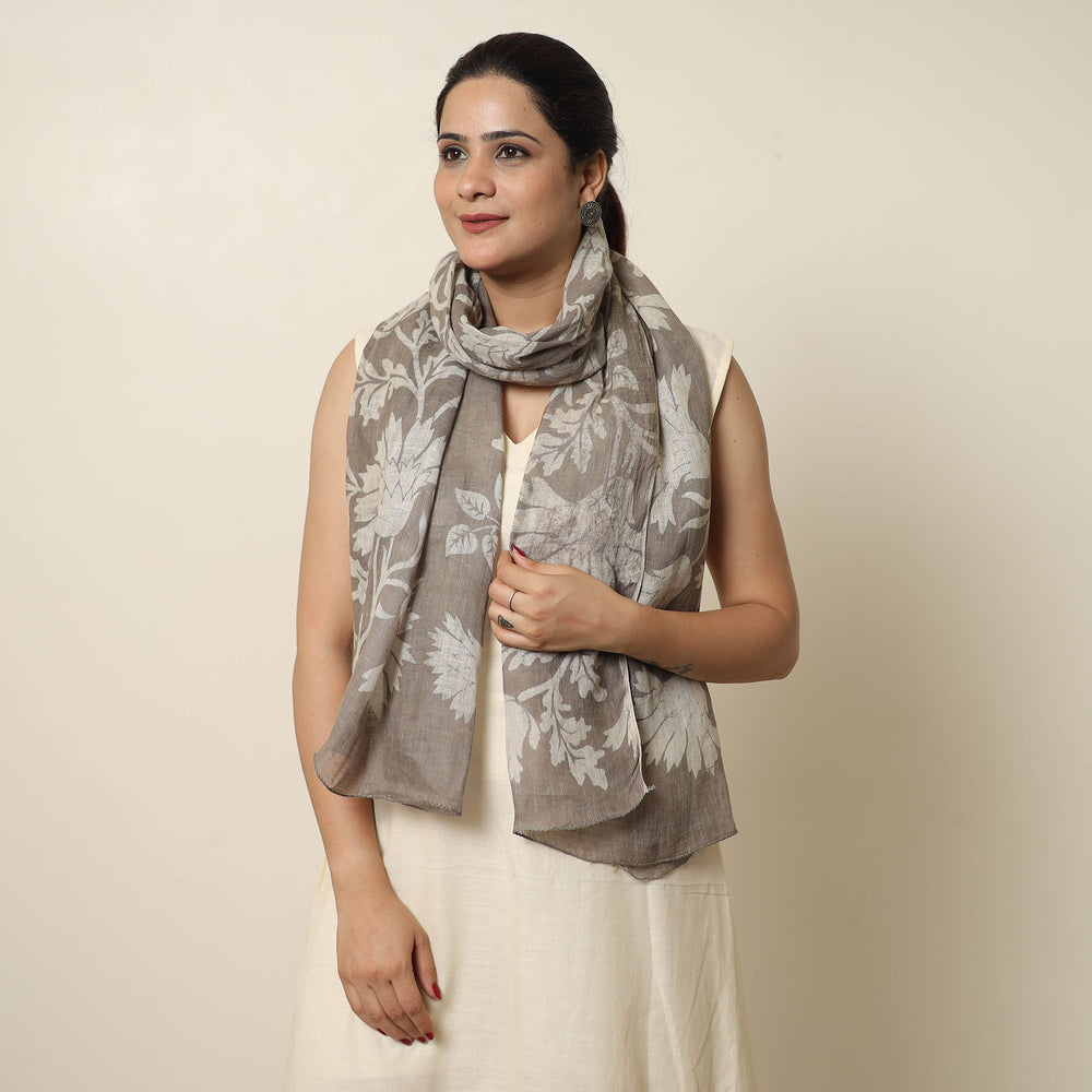 Brown - Bindaas Block Printed Natural Dyed Linen Handloom Stole 04