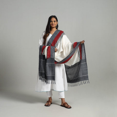 White - Handloom Cotton Missing Pochampally Ikat Dupatta 02