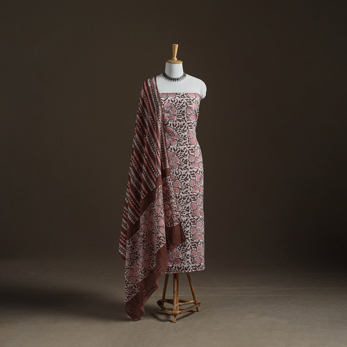 Kutch Hand Batik Print Cotton Unstitched Dress Material: Kurta, Bottom & Dupatta 01