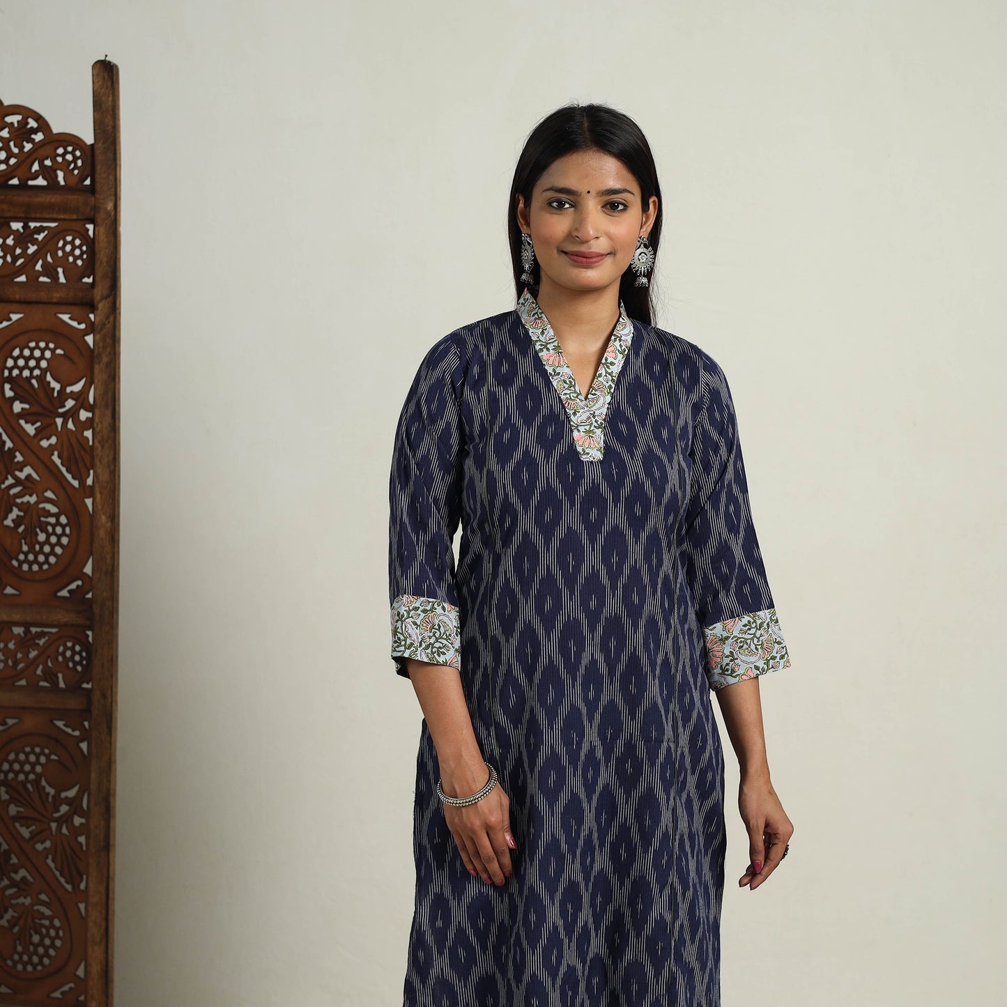 Karigari Heritage Patchwork Cotton Blue Straight Ikat Kurta For Women's