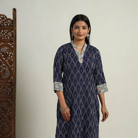 Karigari Heritage Patchwork Cotton Blue Straight Ikat Kurta For Women's