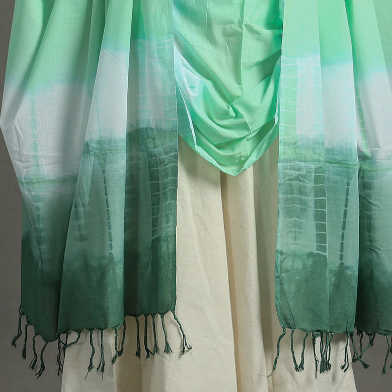 Green - Shibori Tie-Dye Cotton Dupatta with Tassels 86