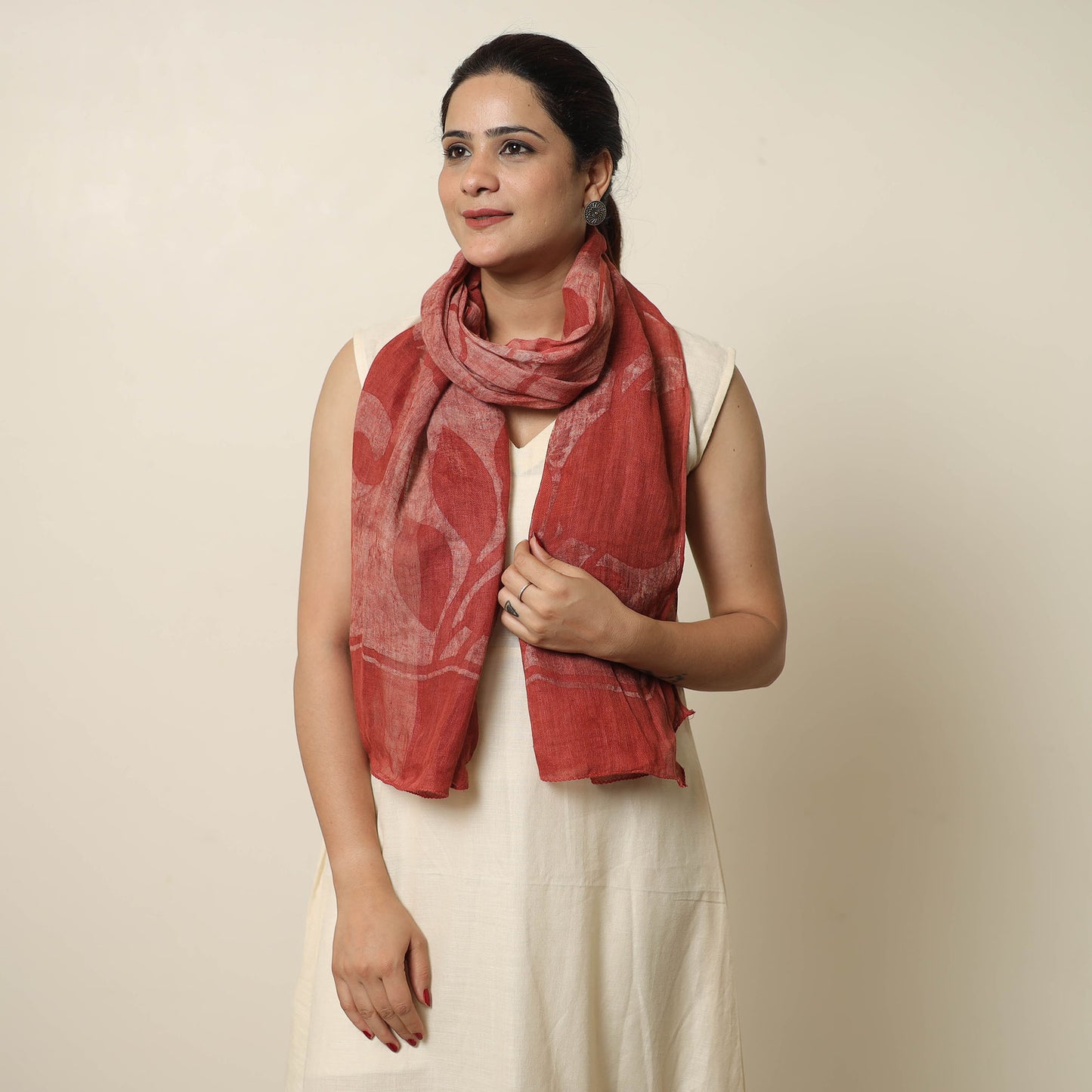 Red - Bindaas Block Printed Natural Dyed Linen Handloom Stole 05