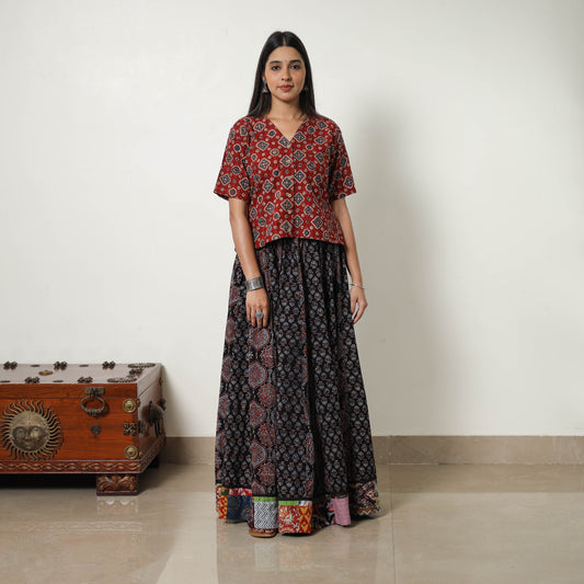 Black - Block Print Cotton 24 Kali Patchwork Ajrakh Long Skirt 14