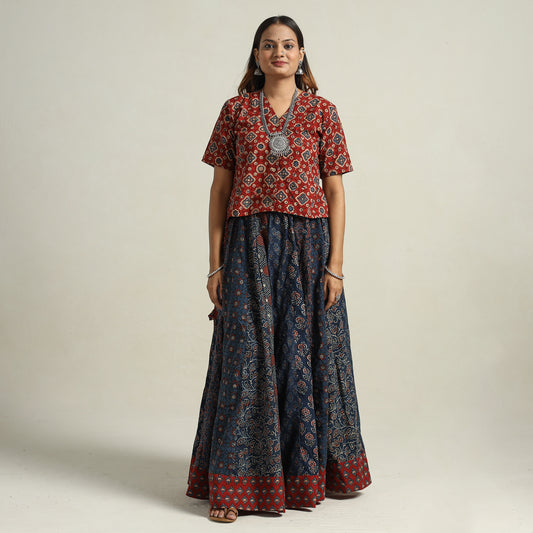 Ajrakh Block Printed 24 Kali Patchwork Cotton Long Skirt 62