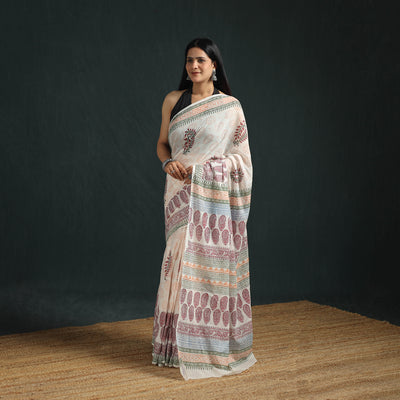 Sanganeri Hand Block Print Pure Mul Cotton Ready To Wear Saree  12