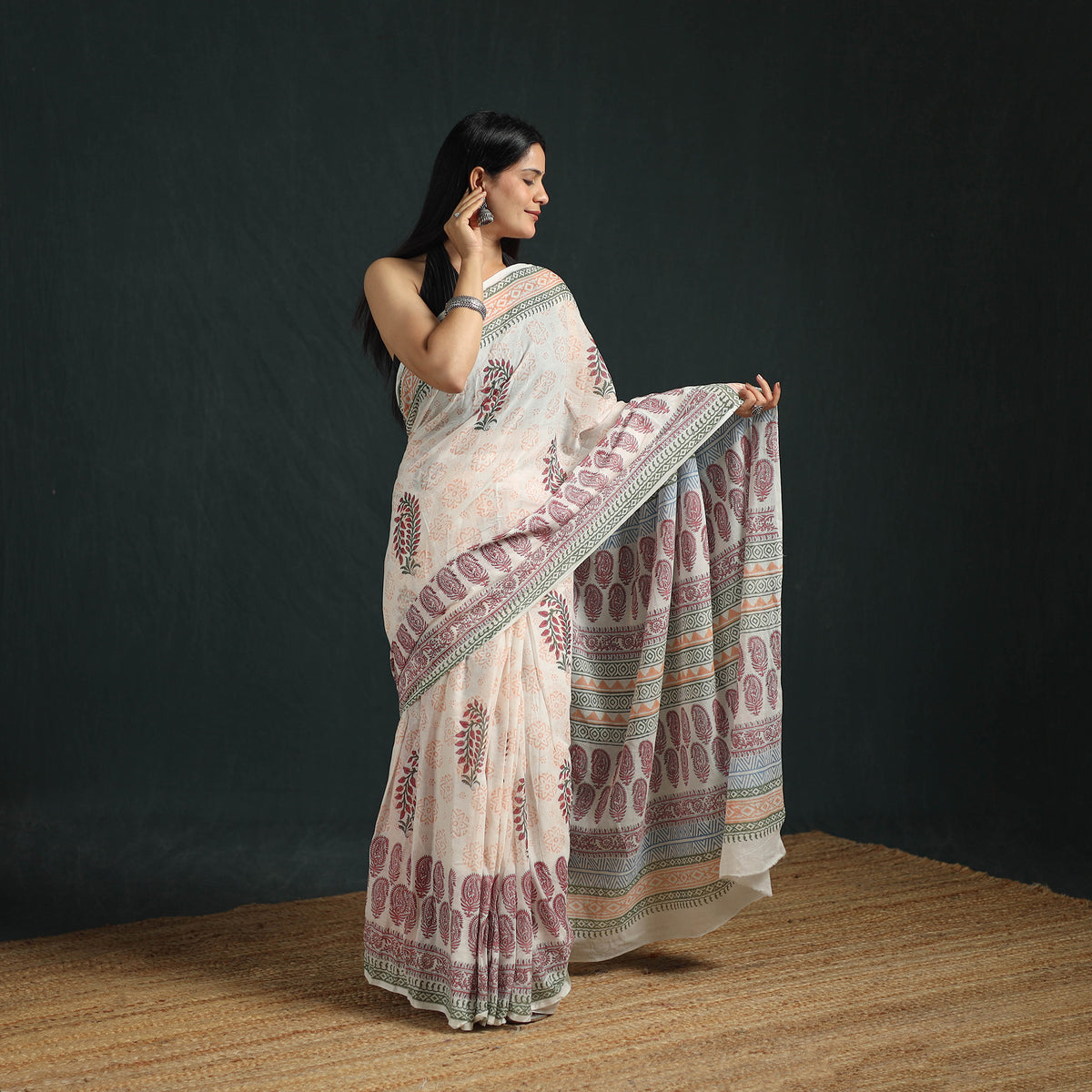 Sanganeri Hand Block Print Pure Mul Cotton Ready To Wear Saree  12