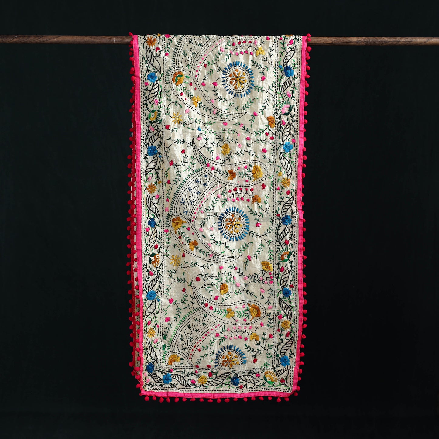 Ranihati Chanderi Silk Hand Embroidered Stole with Pom Pom 280