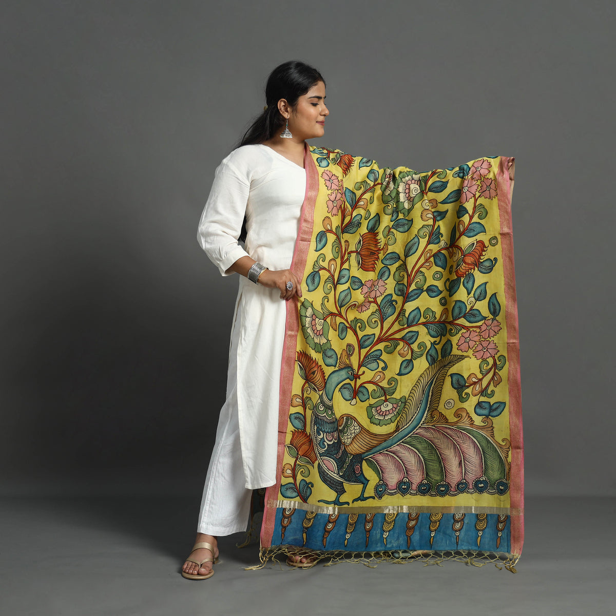 Yellow - Chanderi Silk Handpainted Kalamkari Dupatta 09