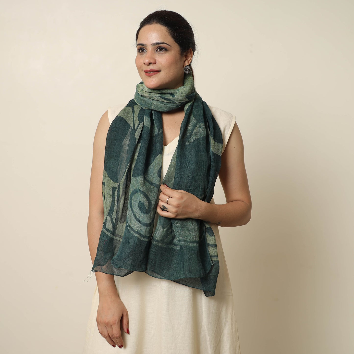 Green - Bindaas Block Printed Natural Dyed Linen Handloom Stole 06