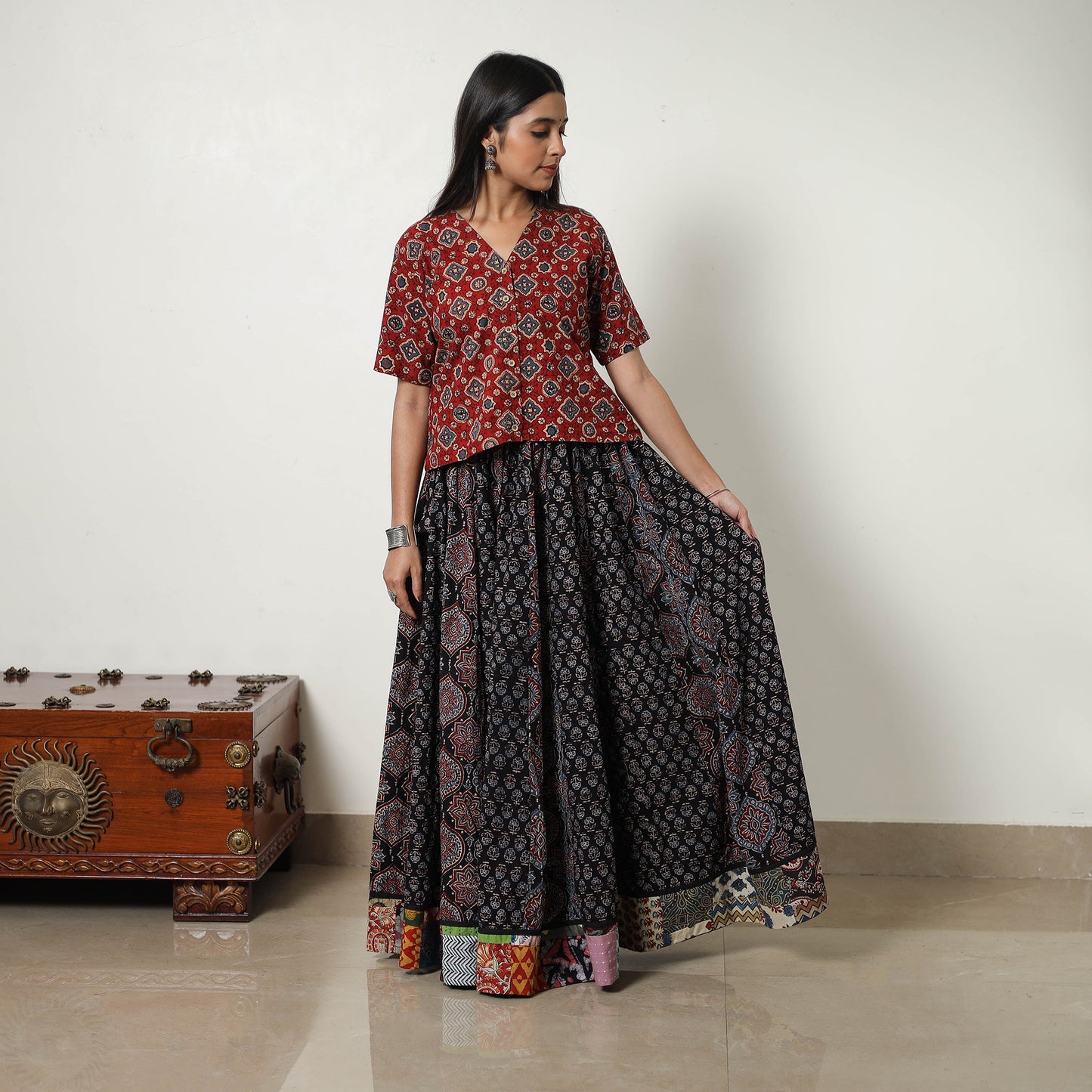 Black - Block Print Cotton 24 Kali Patchwork Ajrakh Long Skirt 14