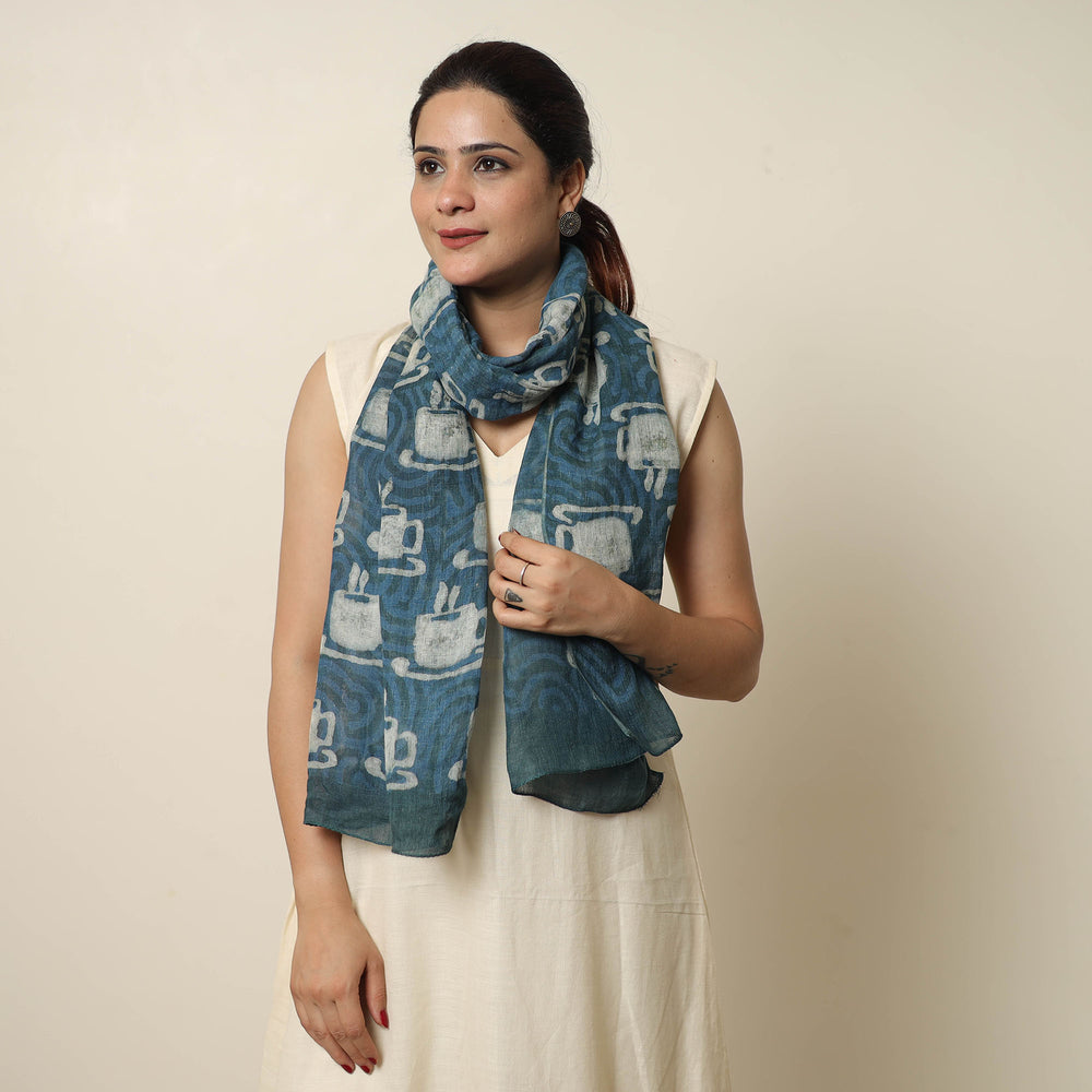 Blue - Bindaas Block Printed Natural Dyed Linen Handloom Stole 08