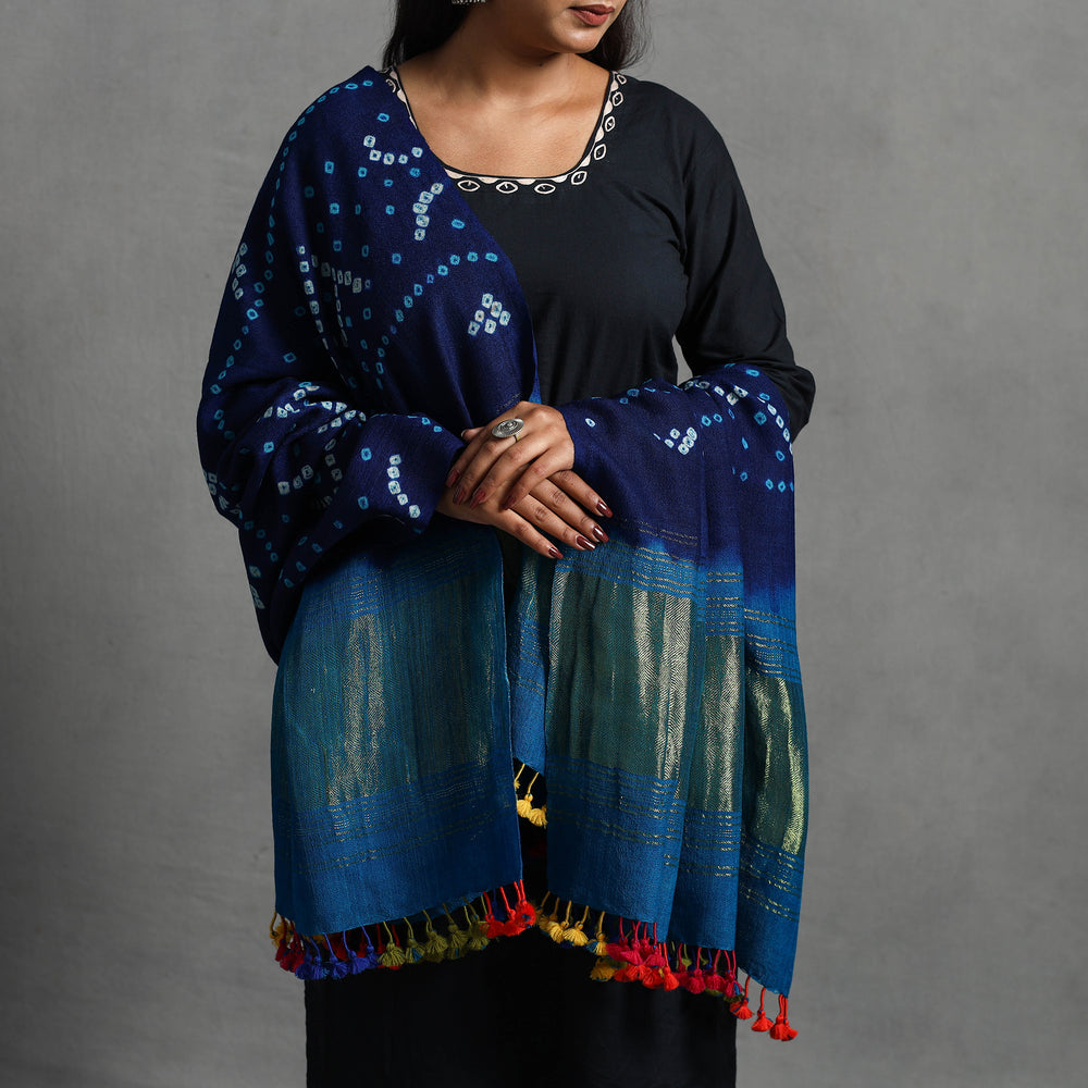 Blue - Kutch Zari Work Handwoven Bandhani Woolen Shawl 27