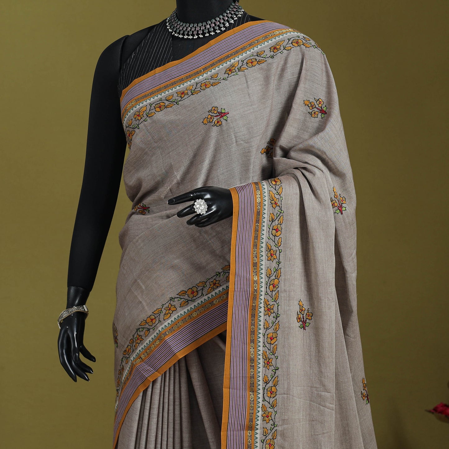 Grey - hand embroidery kerala cotton kashida saree