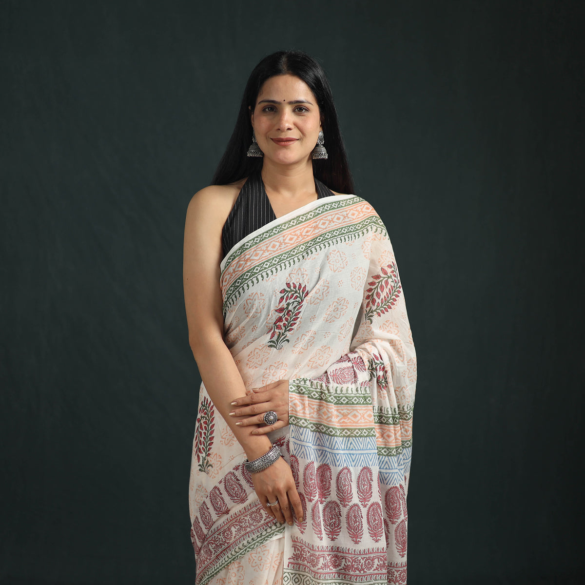 Sanganeri Hand Block Print Pure Mul Cotton Ready To Wear Saree  12