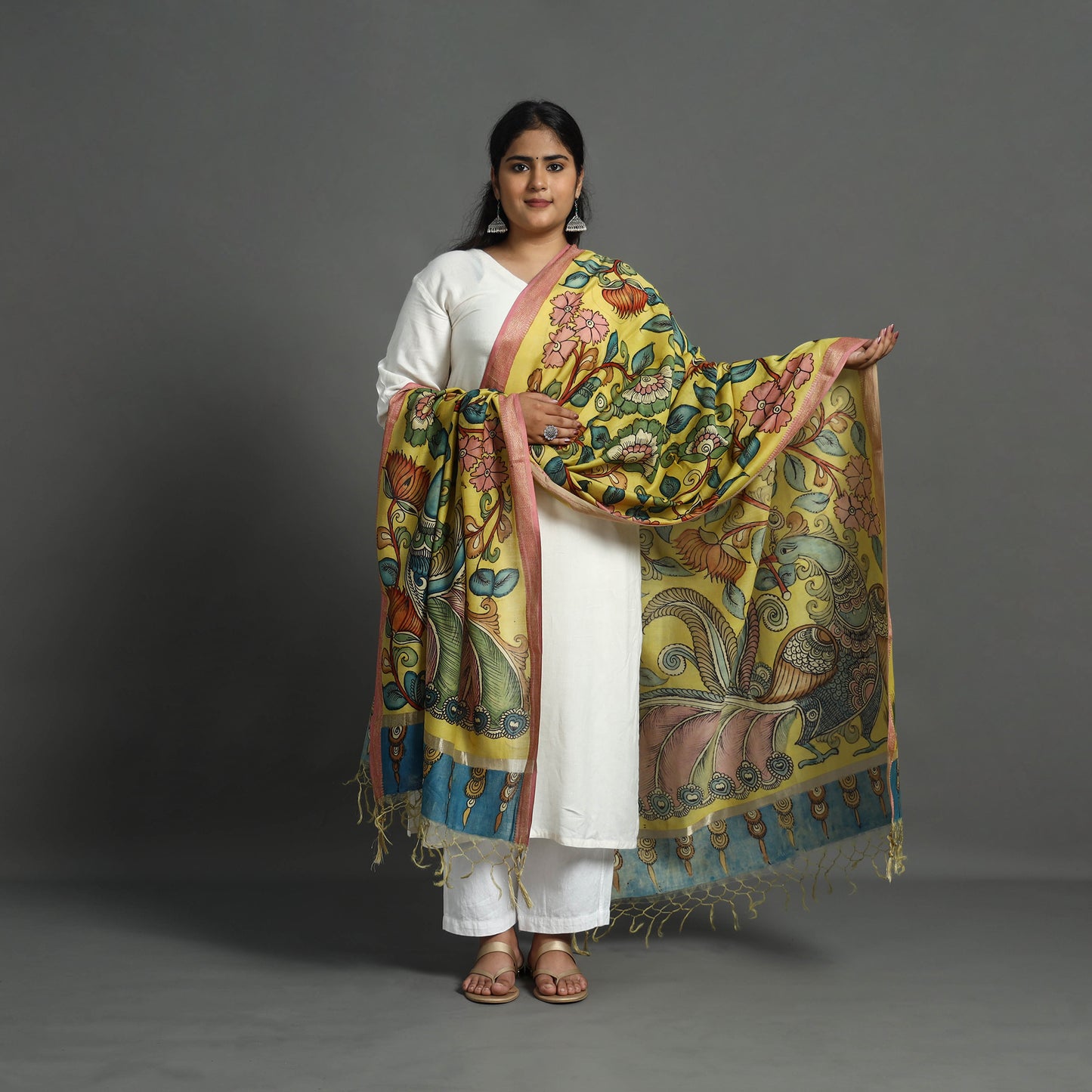 Yellow - Chanderi Silk Handpainted Kalamkari Dupatta 09