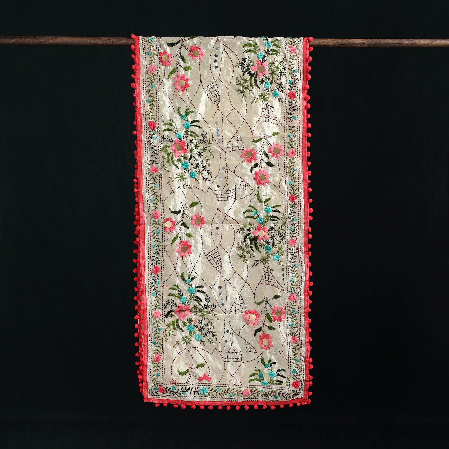 Ranihati Chanderi Silk Hand Embroidered Stole with Pom Pom 279