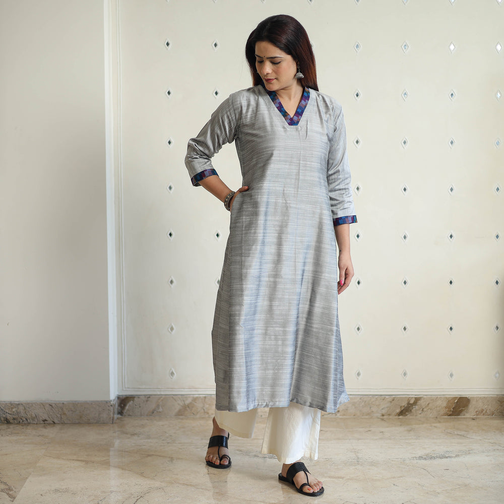 Grey - Plain Solid Slub Silk Long A-Line Kurta 20