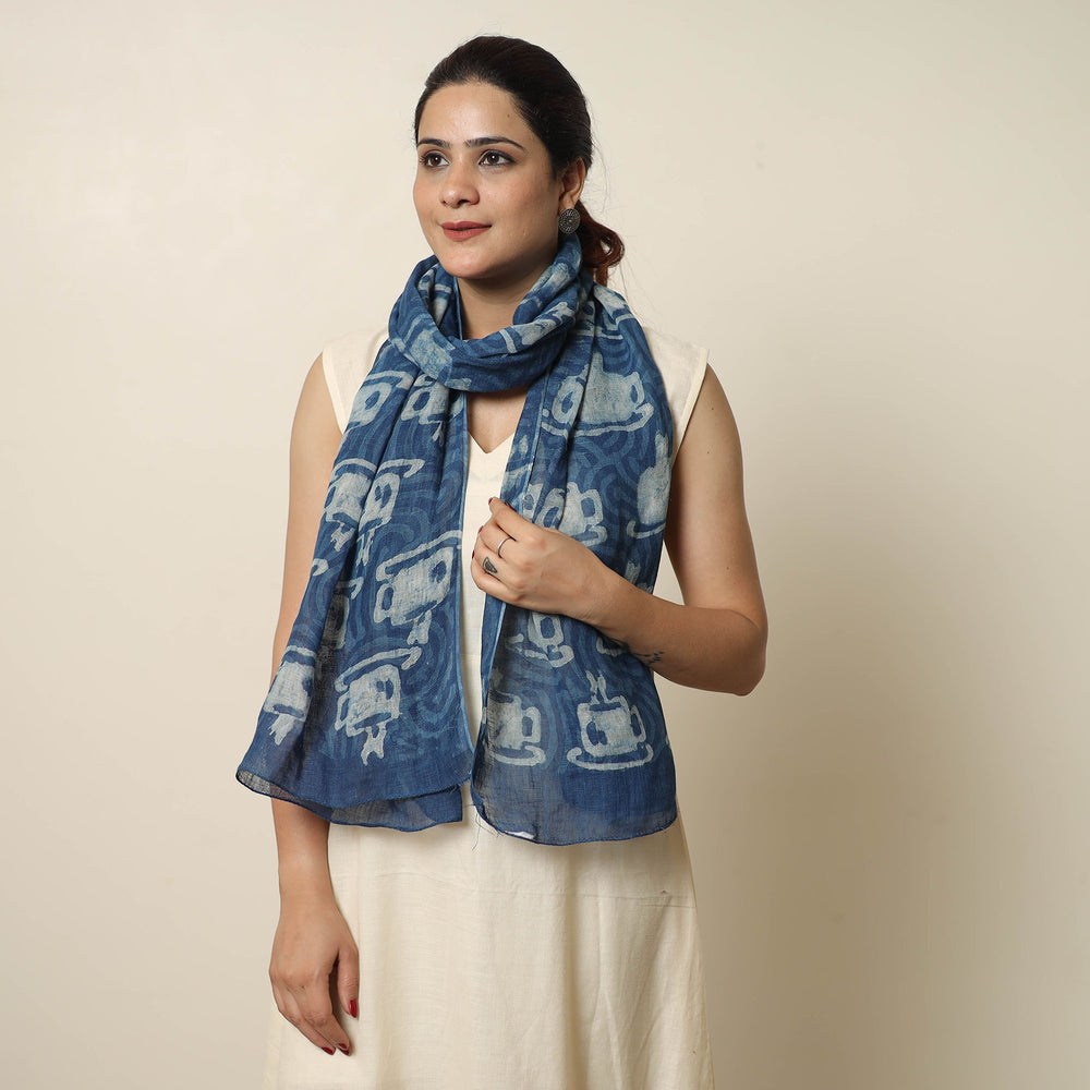 Blue - Bindaas Block Printed Natural Dyed Linen Handloom Stole 09