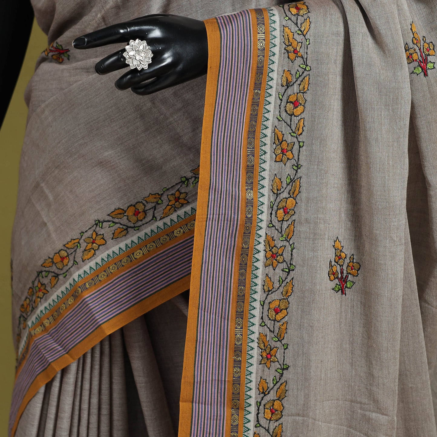 Grey - hand embroidery kerala cotton kashida saree