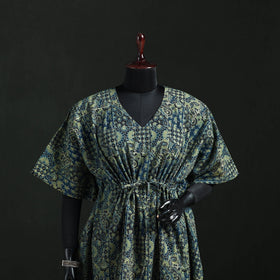 Green - Ajrakh Hand Block Print Natural Dyed Cotton Kaftan (Short) 49