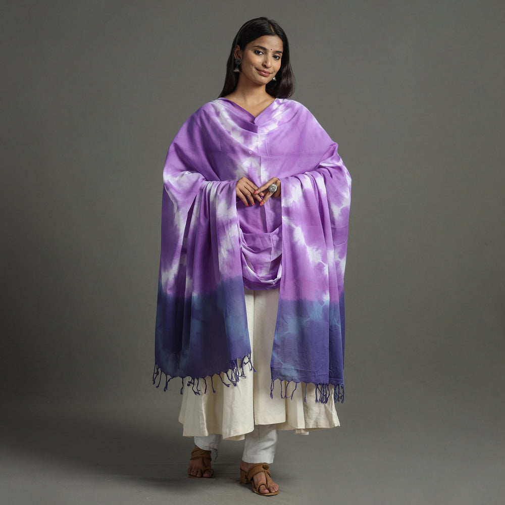 Purple - Shibori Tie-Dye Cotton Dupatta with Tassels 87