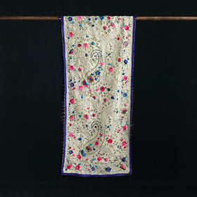 Beige - Ranihati Chanderi Silk Hand Embroidered Stole with Pom Pom 278