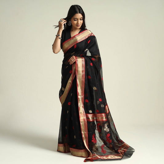 Black - Traditional Chanderi Silk Zari Buti Handloom Saree