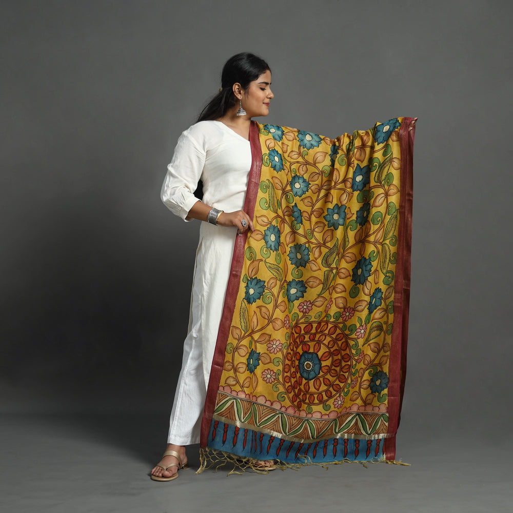 Yellow - Chanderi Silk Handpainted Kalamkari Dupatta 10