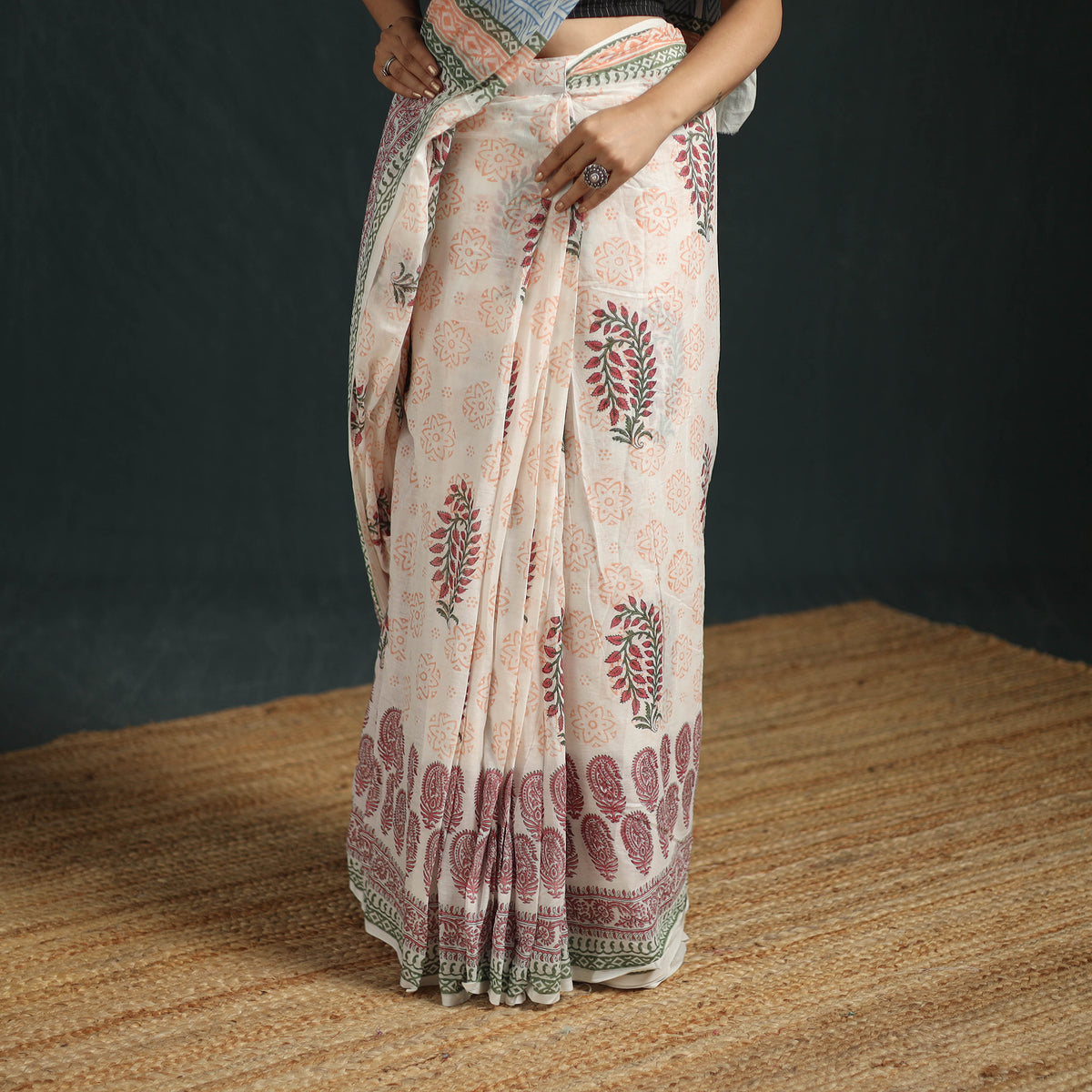 Sanganeri Hand Block Print Pure Mul Cotton Ready To Wear Saree  12